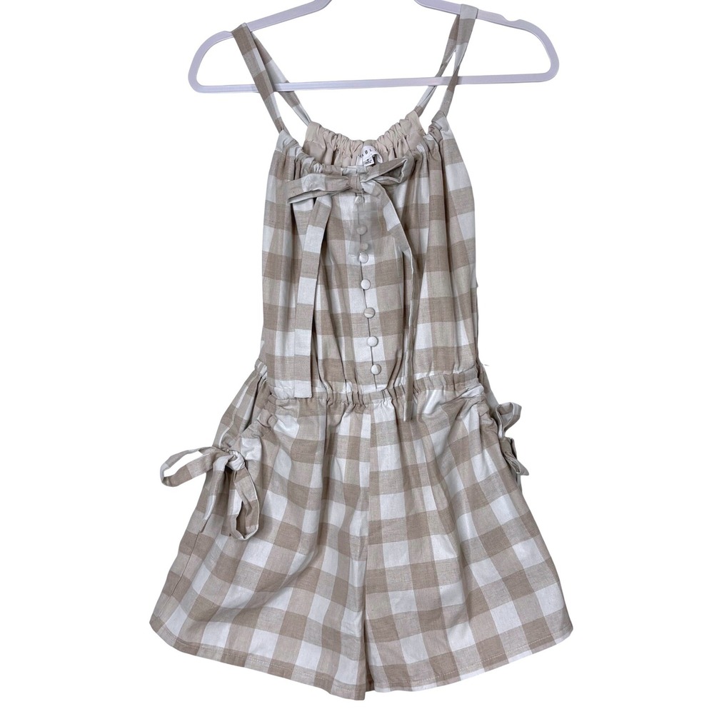 MABLE Tan Gingham Plaid Romper Jumpsuit Sleeveless Linen Casual Sun Shorts S EUC